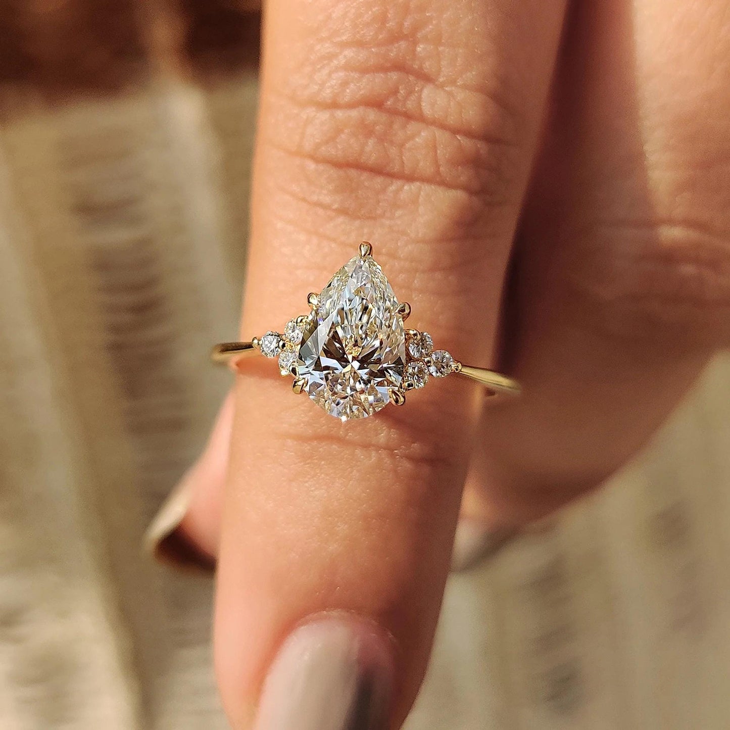 Pear Cut Engagement Ring In Muse Setting: Yellow Gold 7-Stone, IGI Certified