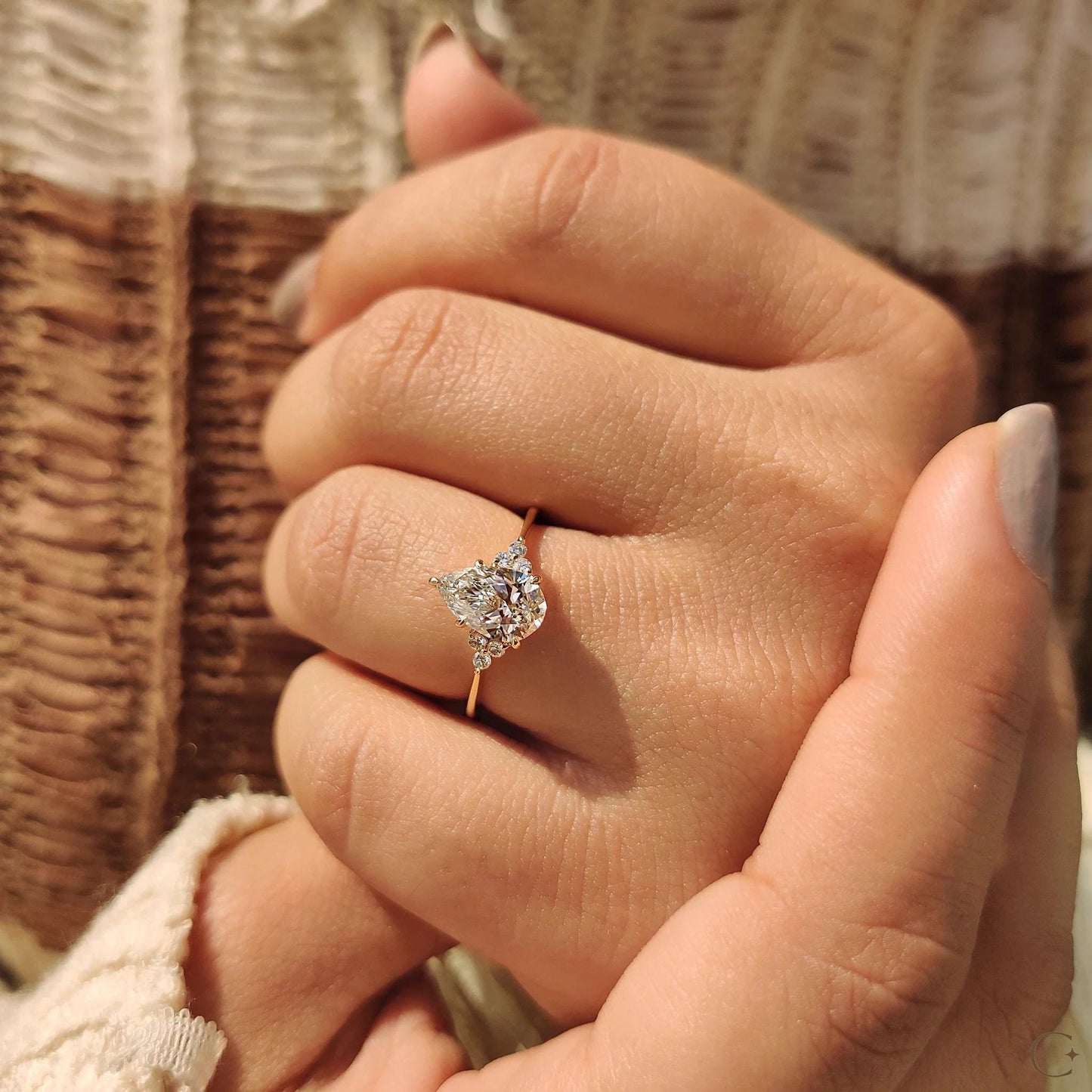 Pear Cut Engagement Ring In Muse Setting: Yellow Gold 7-Stone, IGI Certified