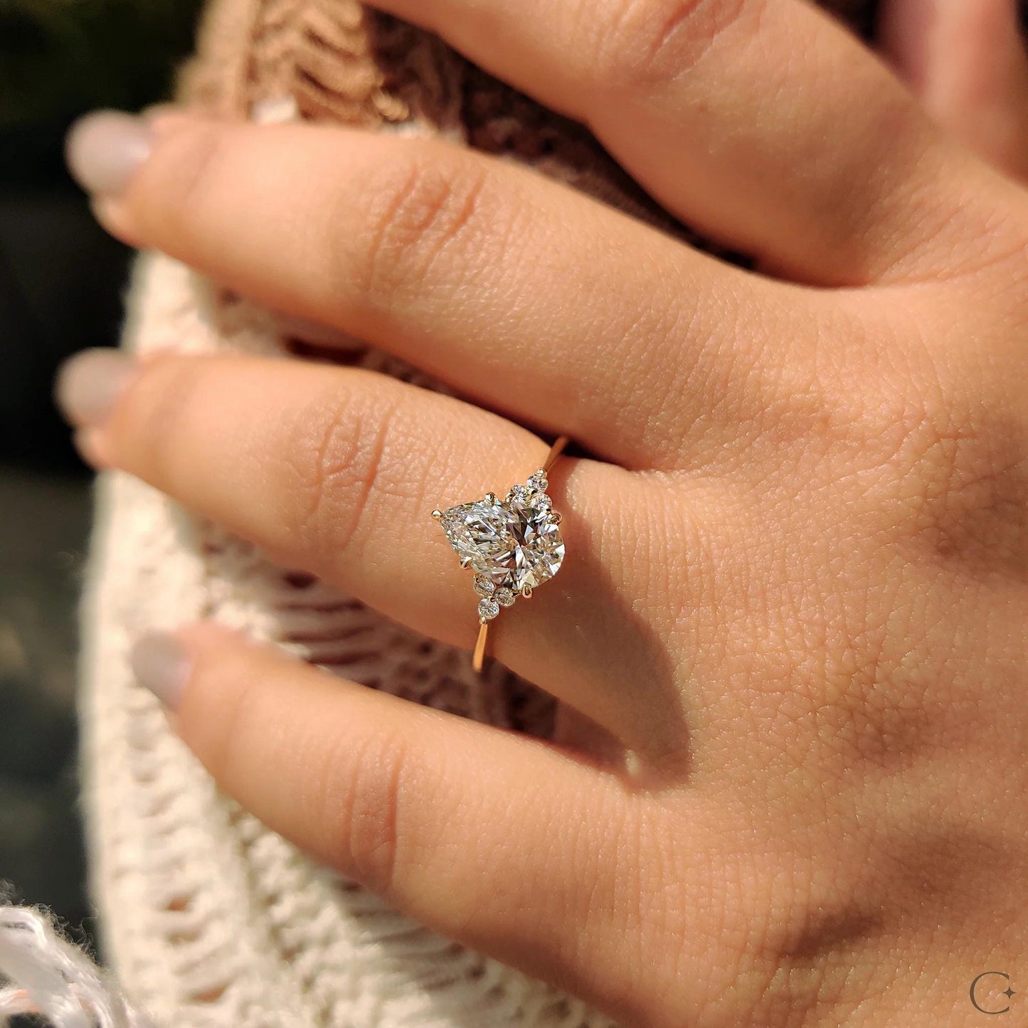 Pear Cut Engagement Ring In Muse Setting: Yellow Gold 7-Stone, IGI Certified