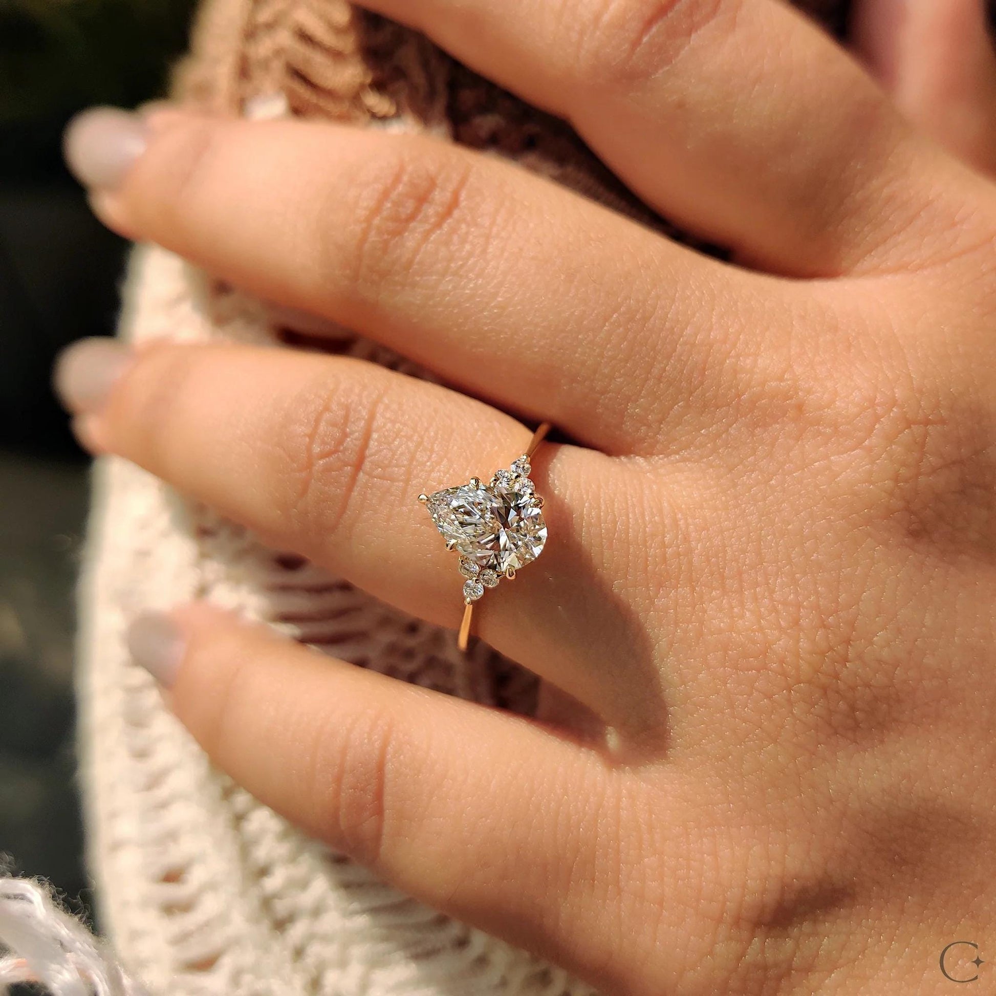 Pear Cut Engagement Ring In Muse Setting: Yellow Gold 7-Stone, IGI Certified