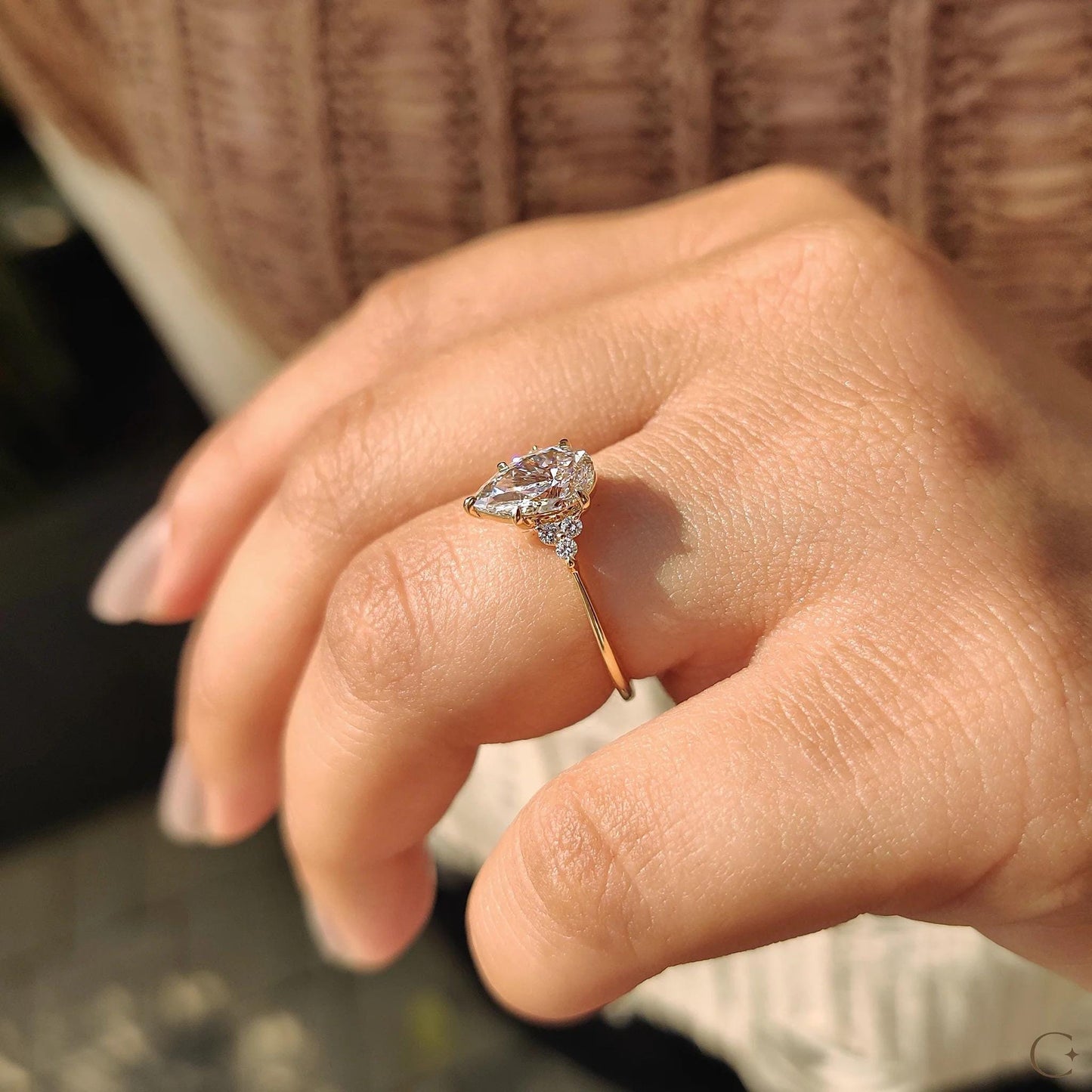 Pear Cut Engagement Ring In Muse Setting: Yellow Gold 7-Stone, IGI Certified