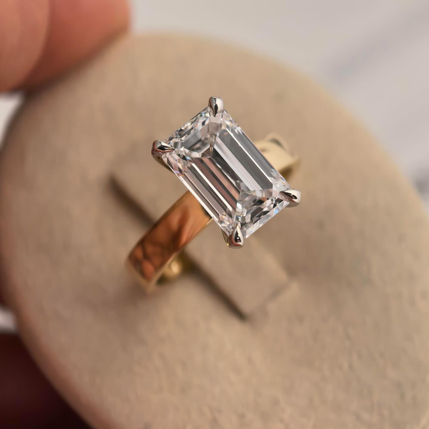 Emerald Cut Lab Grown Diamond Solitaire Ring, Yellow Gold Engagement Ring, Classic 4 Prong Wedding Ring for Women