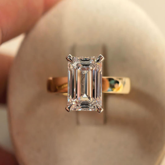 Emerald Cut Lab Grown Diamond Solitaire Ring, Yellow Gold Engagement Ring, Classic 4 Prong Wedding Ring for Women