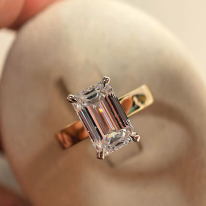 Emerald Cut Lab Grown Diamond Solitaire Ring, Yellow Gold Engagement Ring, Classic 4 Prong Wedding Ring for Women