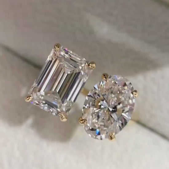 Emerald Cut Toi et Moi Lab Grown Diamond Ring: 14k Gold Wedding Ring
