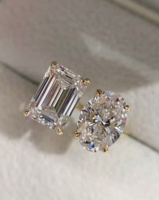 Emerald Cut Toi et Moi Lab Grown Diamond Ring: 14k Gold Wedding Ring