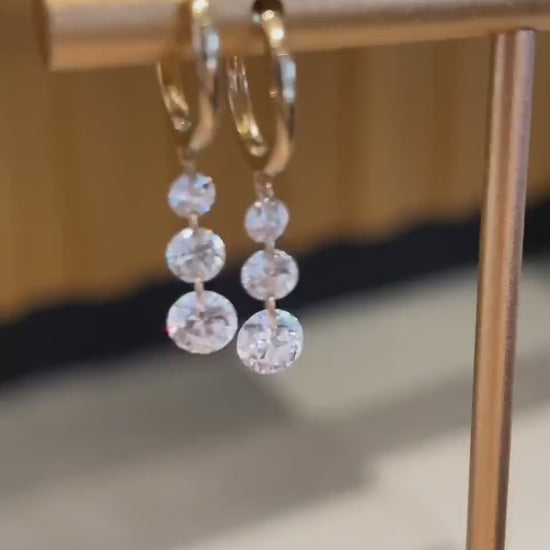 14K Gold Lab Grown Diamond Floating Earrings: three-stone drop hoop earrings