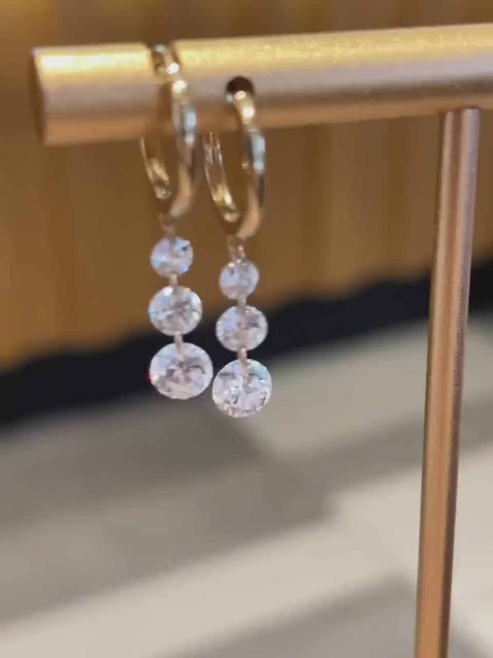 14K Gold Lab Grown Diamond Floating Earrings: three-stone drop hoop earrings