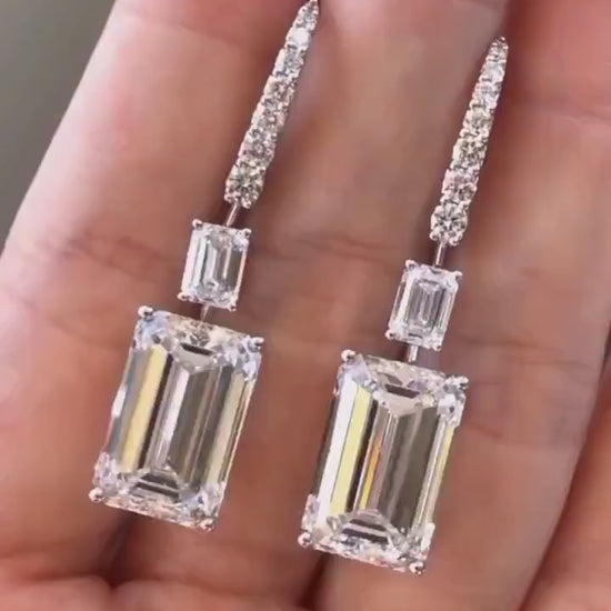 Emerald Cut Lab Diamond Drop Earrings: 14Kt White Gold, Handmade