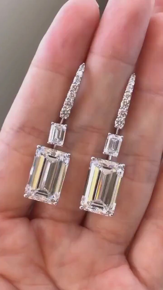 Emerald Cut Lab Diamond Drop Earrings: 14Kt White Gold, Handmade