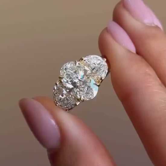 Lab Grown Diamond Engagement Ring: Oval & Half Moon Three Stone Yellow Gold