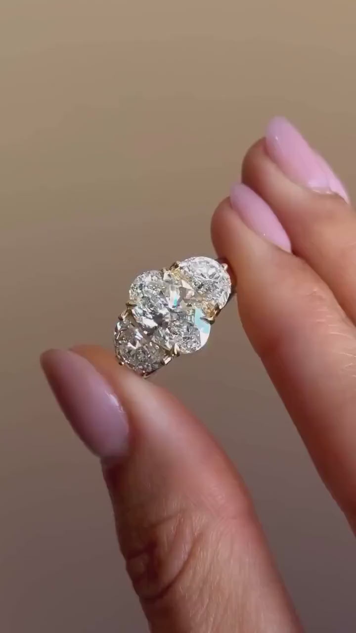Lab Grown Diamond Engagement Ring: Oval & Half Moon Three Stone Yellow Gold