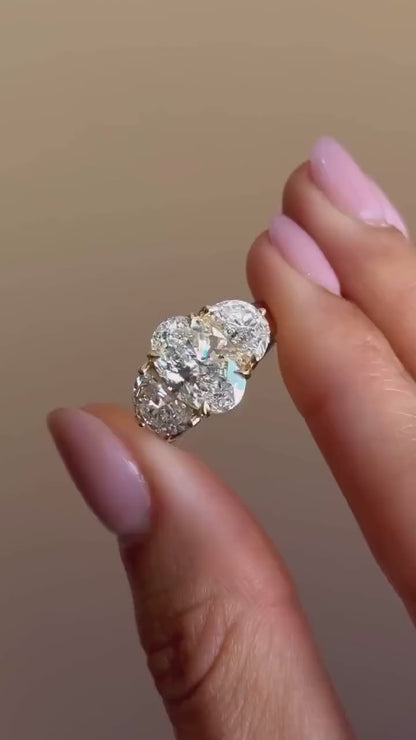 Lab Grown Diamond Engagement Ring: Oval & Half Moon Three Stone Yellow Gold