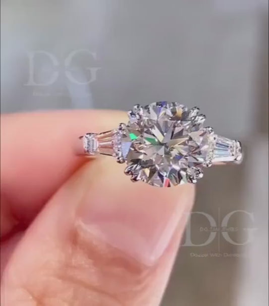 3.00 CT Lab Grown Diamond Engagement Ring: Three Stone Tapered Baguette Setting