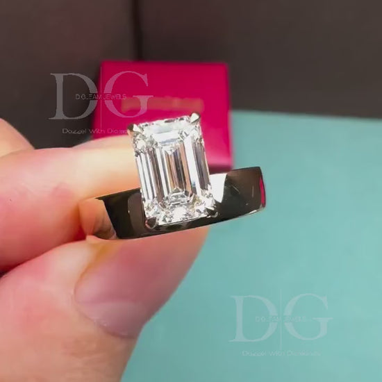 Emerald Cut Lab Grown Diamond Solitaire Ring: 14K Yellow Gold Prong Setting