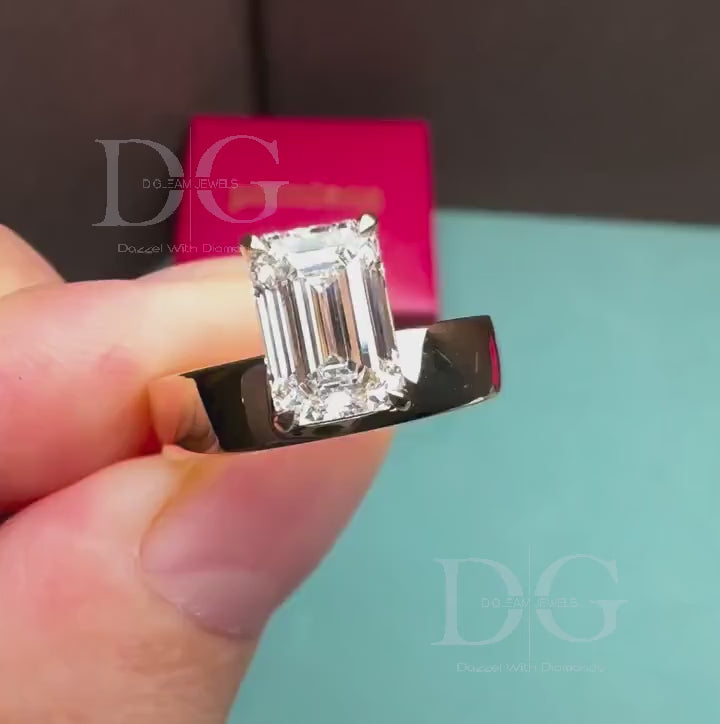 Emerald Cut Lab Grown Diamond Solitaire Ring: 14K Yellow Gold Prong Setting