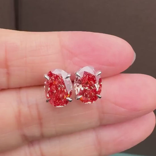 Oval Lab Grown Fancy Red Diamond Stud Earrings: 14k White Gold Basket Setting