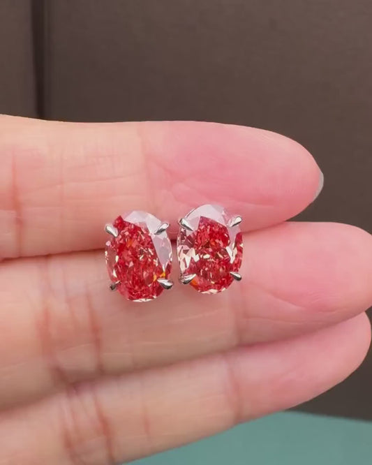 Oval Lab Grown Fancy Red Diamond Stud Earrings: 14k White Gold Basket Setting