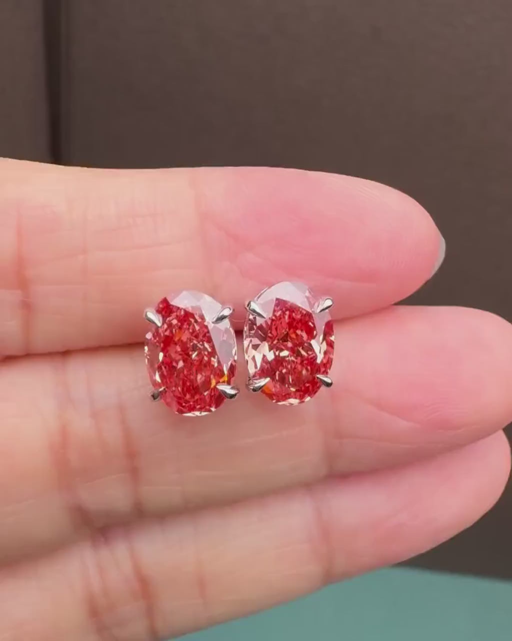 Oval Lab Grown Fancy Red Diamond Stud Earrings: 14k White Gold Basket Setting