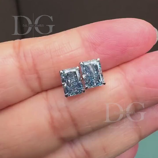 Radiant Cut Fancy Blue Lab Grown Diamond Stud Earrings: 2.00 tcw, 14k White Gold