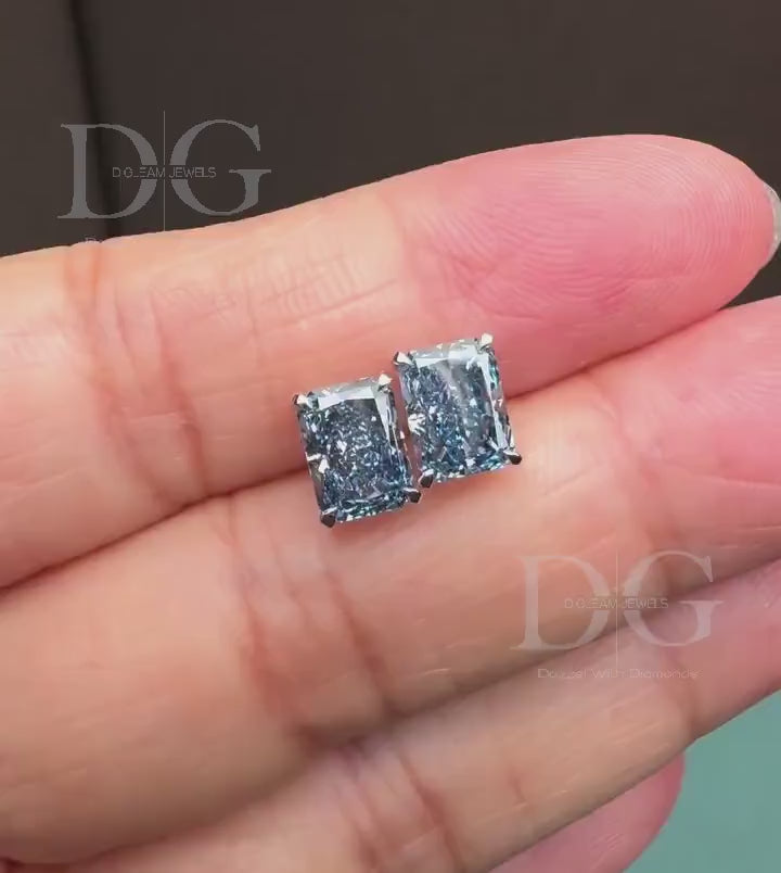 Radiant Cut Fancy Blue Lab Grown Diamond Stud Earrings: 2.00 tcw, 14k White Gold