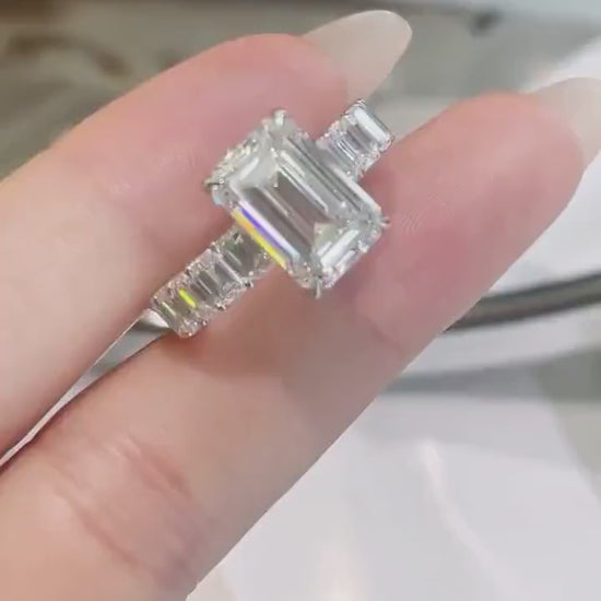Emerald Cut Lab Grown Diamond Engagement Ring, 14k White Gold Eternity Band