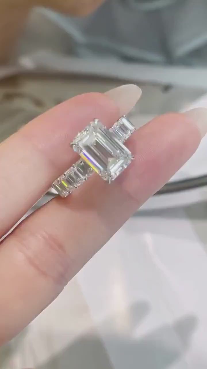 Emerald Cut Lab Grown Diamond Engagement Ring, 14k White Gold Eternity Band