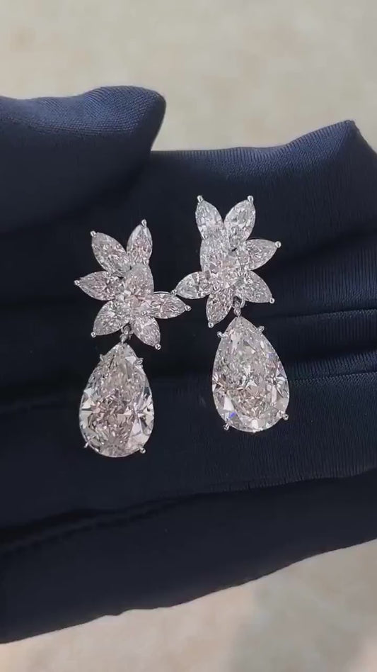 8.60 TCW Pear & Marquise Lab Grown Diamond Cluster Earrings, 14K Gold