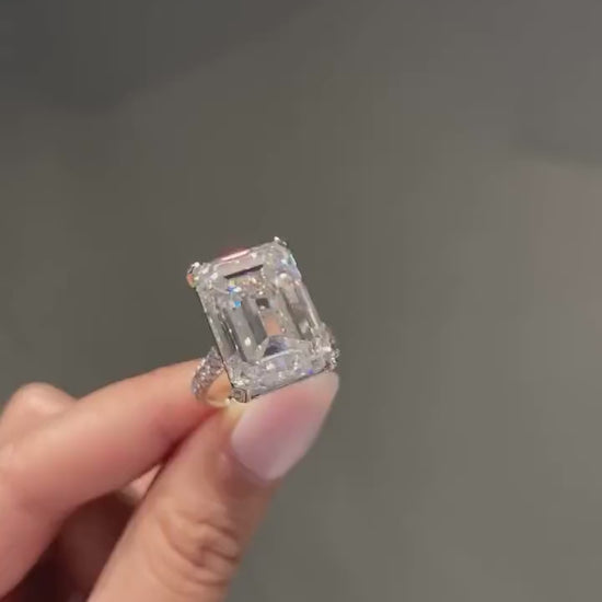 10 CTW Emerald Cut Lab Grown Diamond Engagement Ring with Side Stones | IGI Certified | White Gold | Handmade Luxury Ring