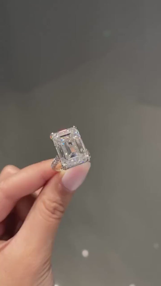 10 CTW Emerald Cut Lab Grown Diamond Engagement Ring with Side Stones | IGI Certified | White Gold | Handmade Luxury Ring