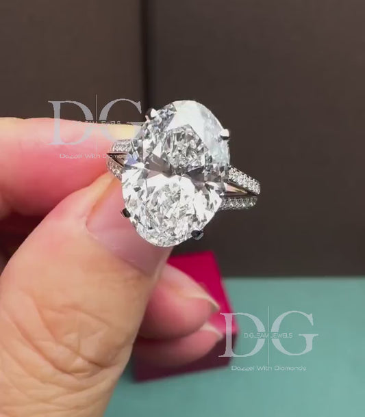 IGI Certified 5.00 Carat Oval Lab Grown Diamond Engagement Ring: Hidden Halo Split Shank