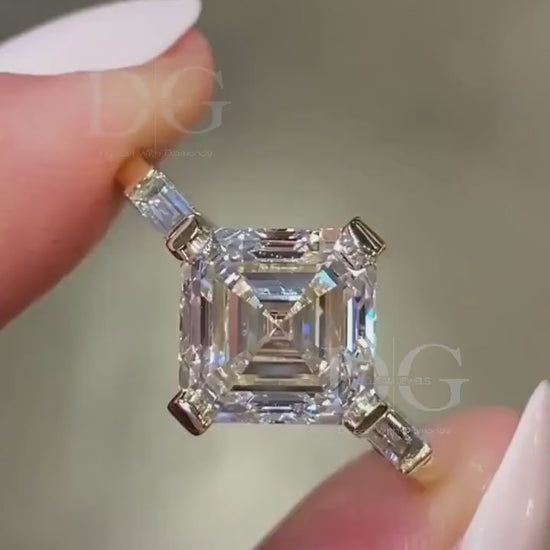 IGI Certified Asscher Cut Lab Grown Diamond Engagement Ring: Three Stone Wedding Ring