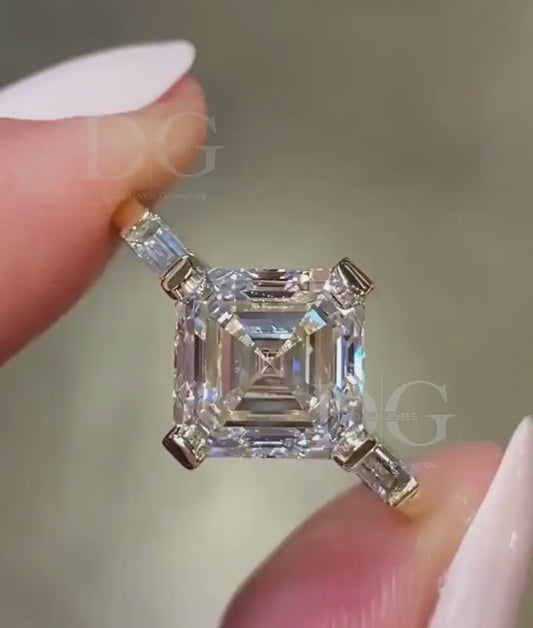 IGI Certified Asscher Cut Lab Grown Diamond Engagement Ring: Three Stone Wedding Ring