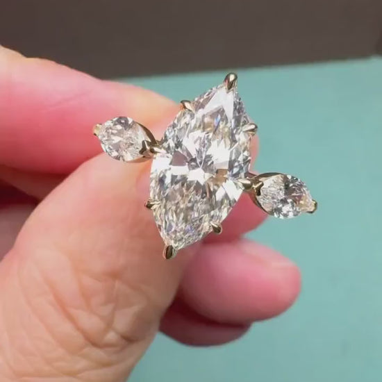 Marquise Cut Lab Grown Diamond Engagement Ring: Three Stone, Handmade