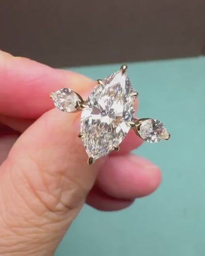 Marquise Cut Lab Grown Diamond Engagement Ring: Three Stone, Handmade