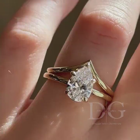 2.50 CT Pear Lab Grown Diamond Tiara Ring - Chevron Wedding Band