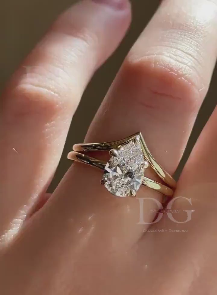 2.50 CT Pear Lab Grown Diamond Tiara Ring - Chevron Wedding Band