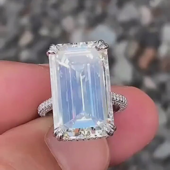 Handmade 10 Carat Emerald Cut Lab Grown Diamond Engagement Ring: Claw Prongs, Comfort Fit