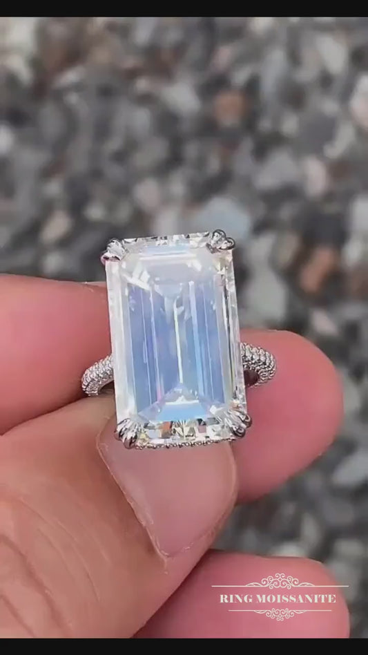 Handmade 10 Carat Emerald Cut Lab Grown Diamond Engagement Ring: Claw Prongs, Comfort Fit