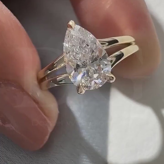 2.00 CT Pear Lab Grown Diamond Engagement Ring - Split Shank, Hidden Halo