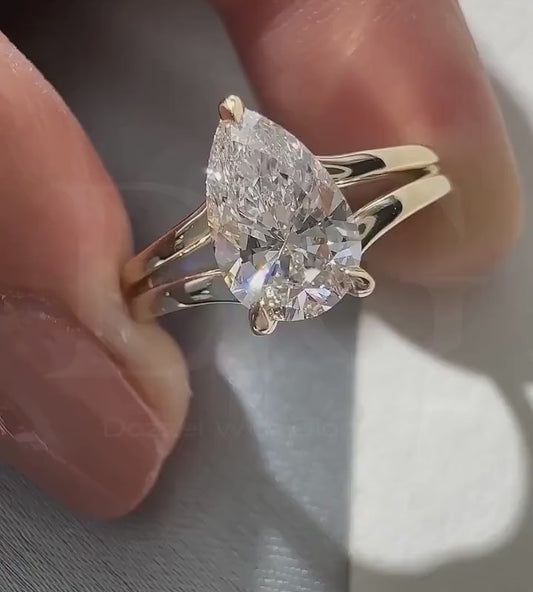 2.00 CT Pear Lab Grown Diamond Engagement Ring - Split Shank, Hidden Halo